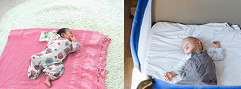 Baby on a mat on the floor and a baby sleeping in a playpen